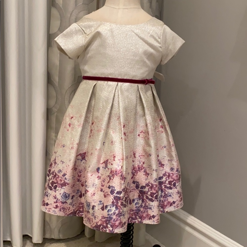 Silver holiday dress with purple & magenta floral